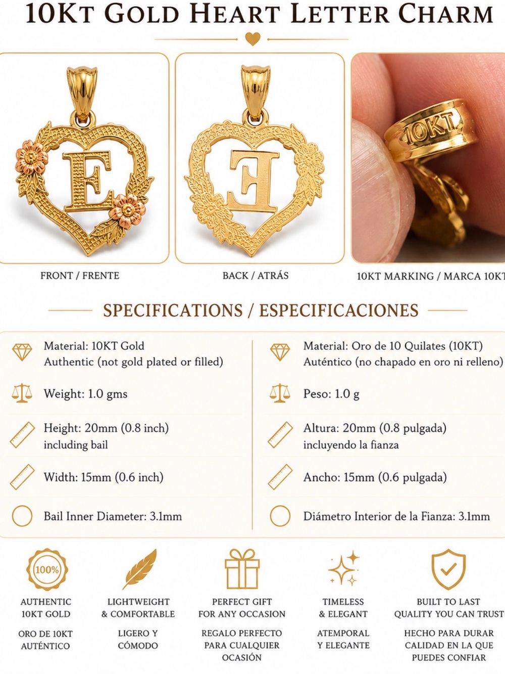 10Kt Gold Heart Letter E Charm Pendant - Gold